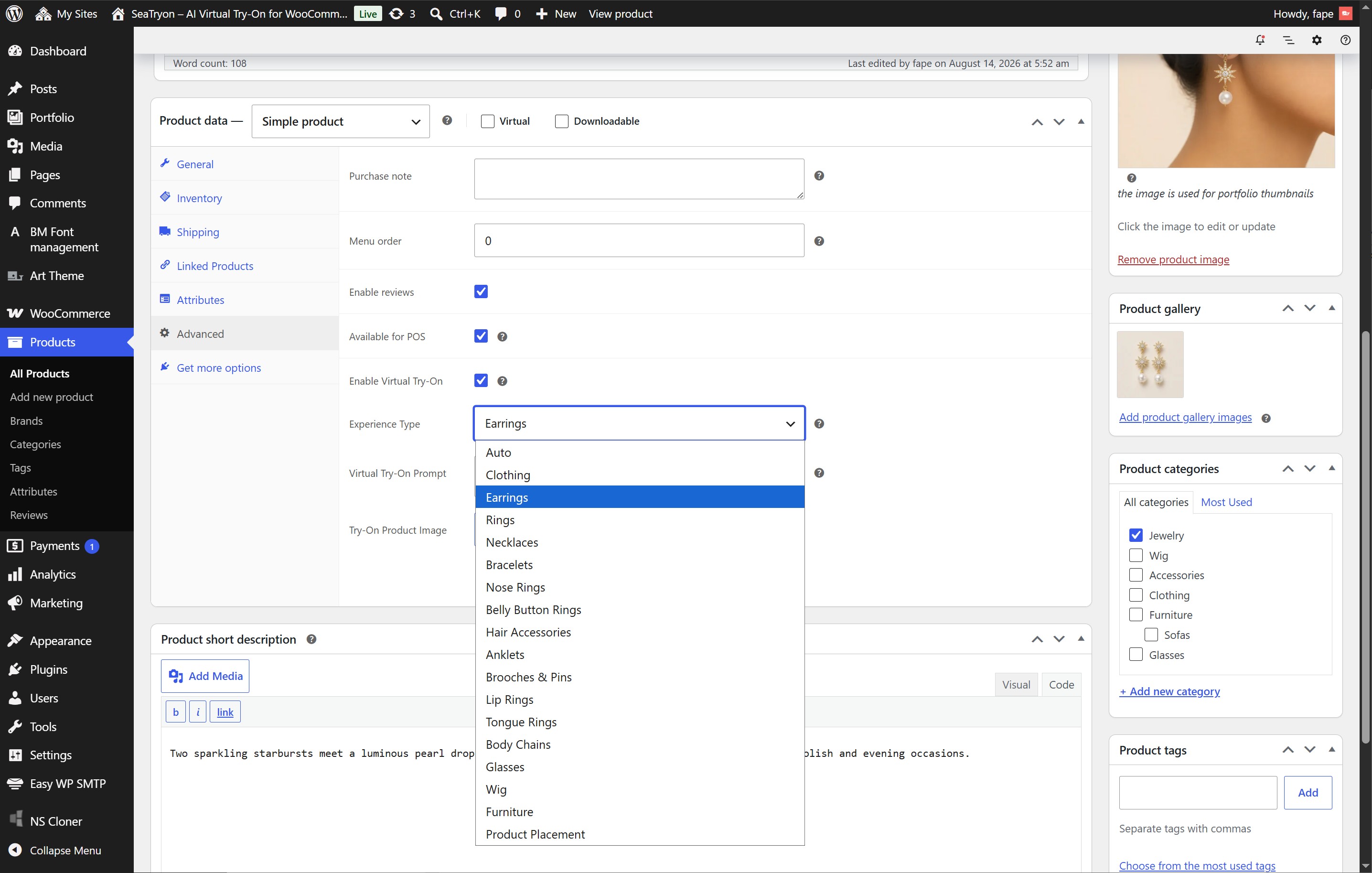 Product-level Virtual Try-On settings and experience type selection.