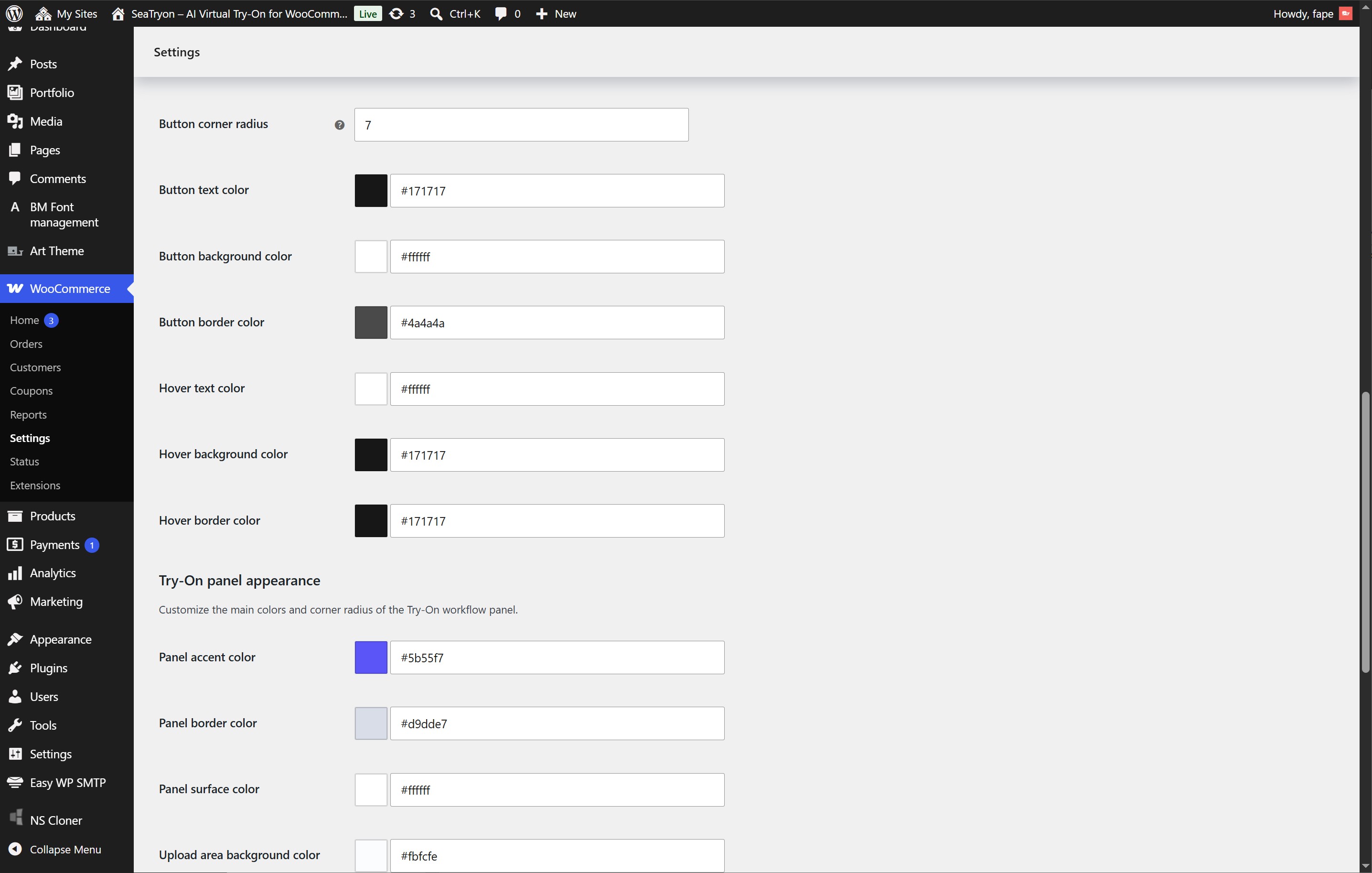 Virtual Try-On button and panel appearance settings.