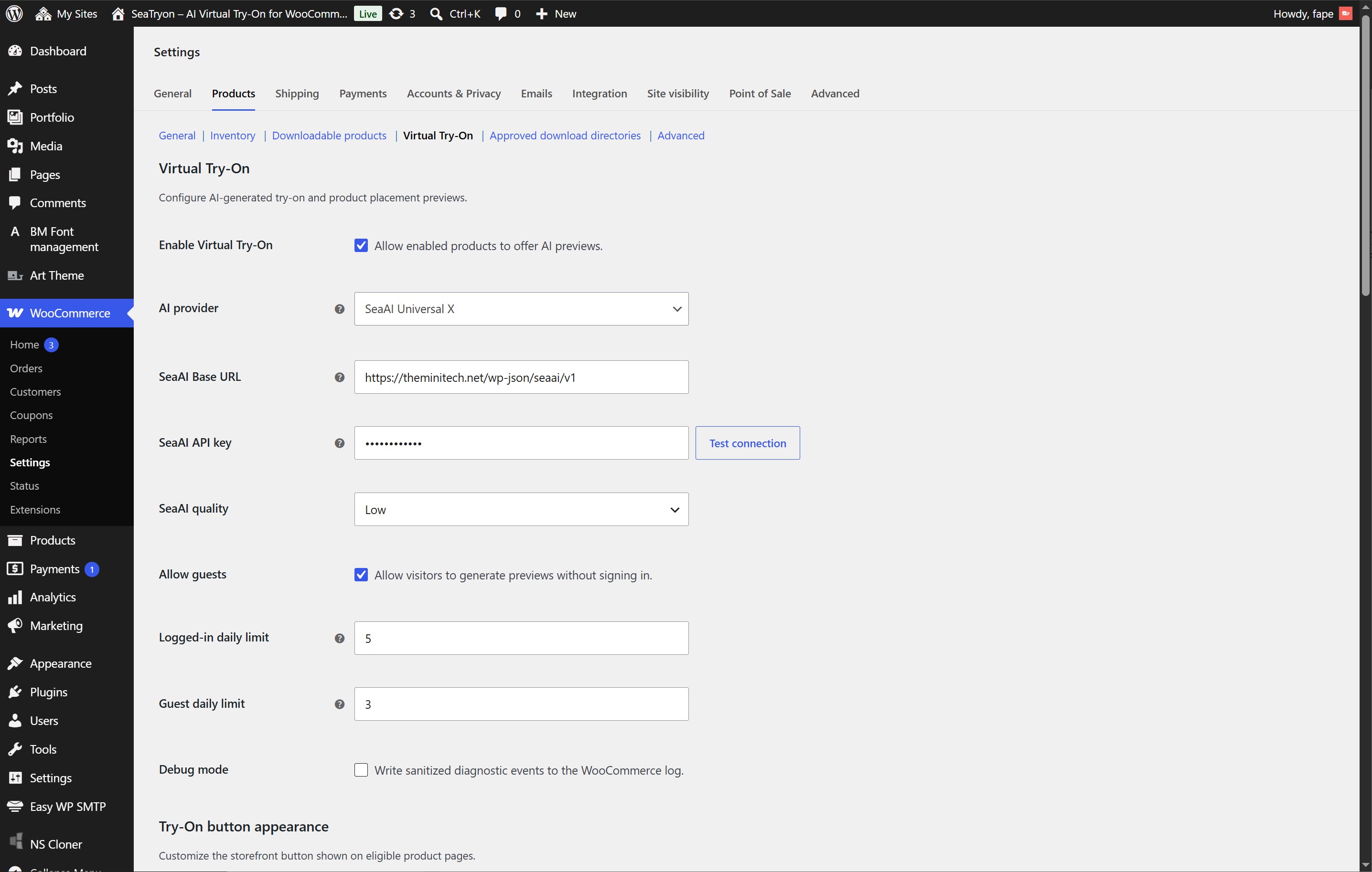 WooCommerce Virtual Try-On provider, access, limits, and debug settings.