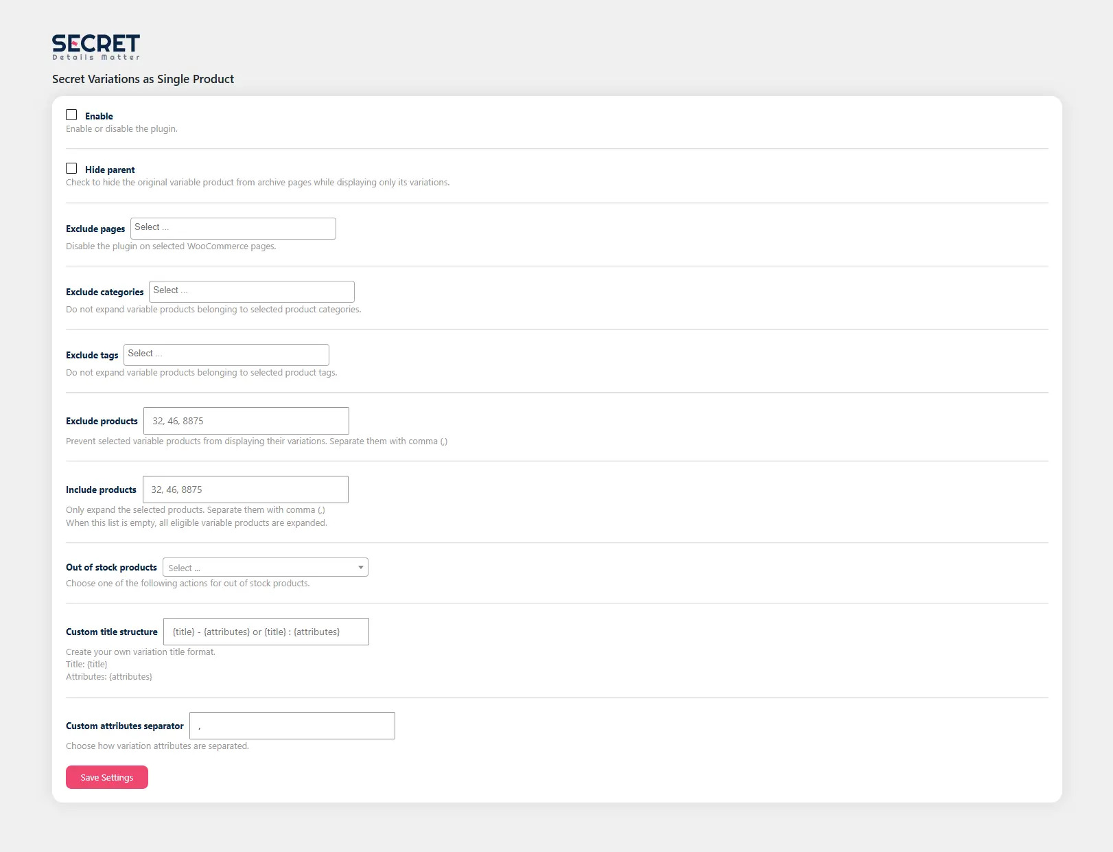 Plugin settings page
