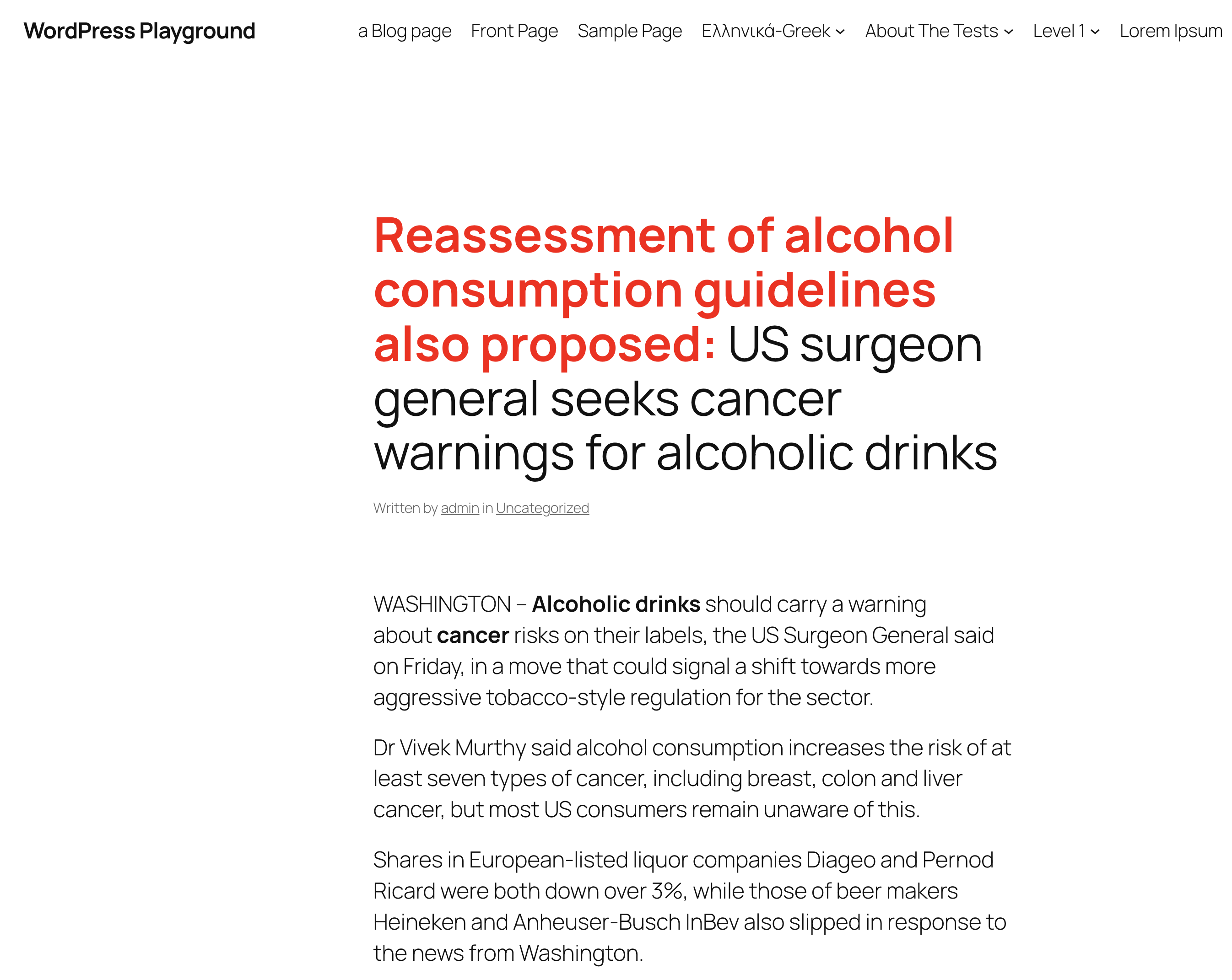 <p>The output of an example news article where the secondary title is highlighted in red and followed by the default post title as set in the plugin's