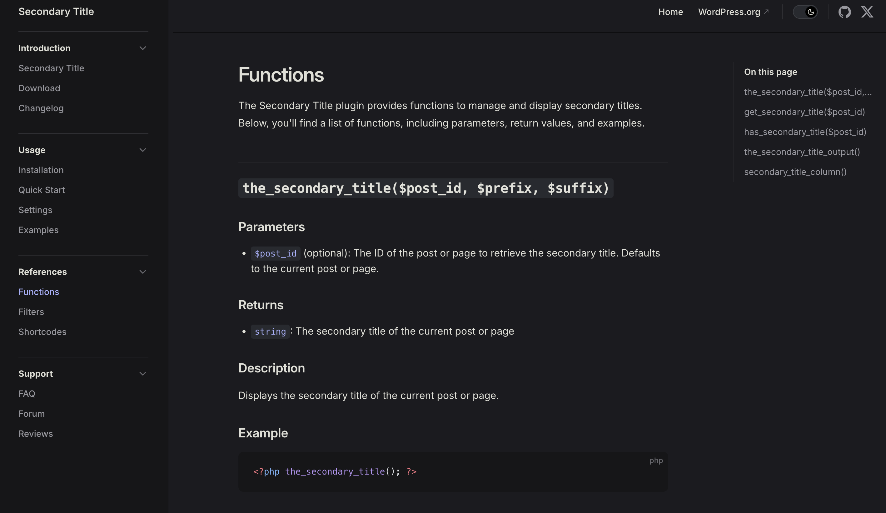 <p>Learn how Secondary Title works and use it for your theme or plugin by reading the <a href=
