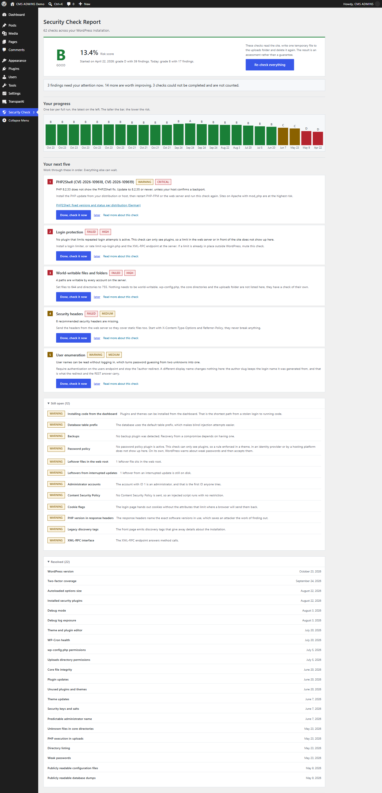 The overview from the second run onwards: grade, the way from the first run to today and the next five tasks