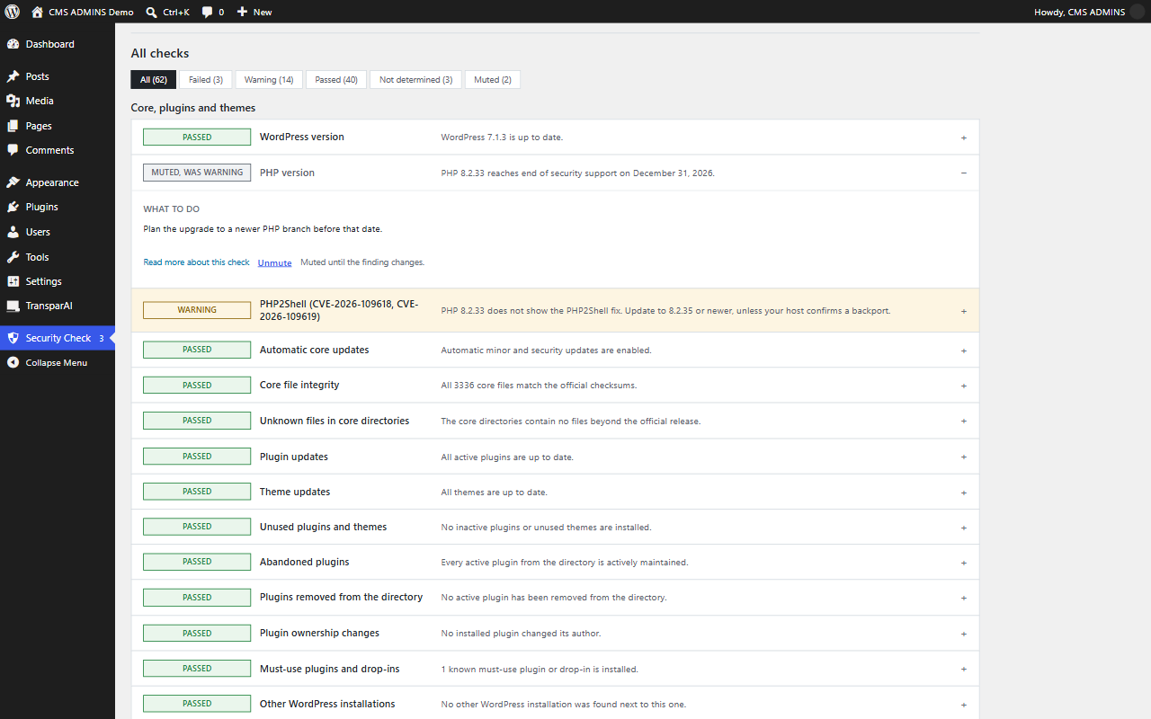 All checks, grouped by area and filterable by outcome, with one finding expanded