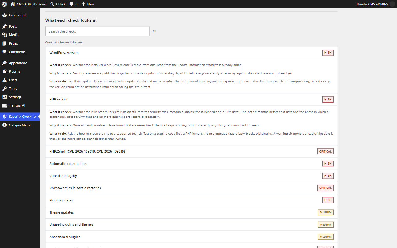 The built-in documentation for every check, with a search
