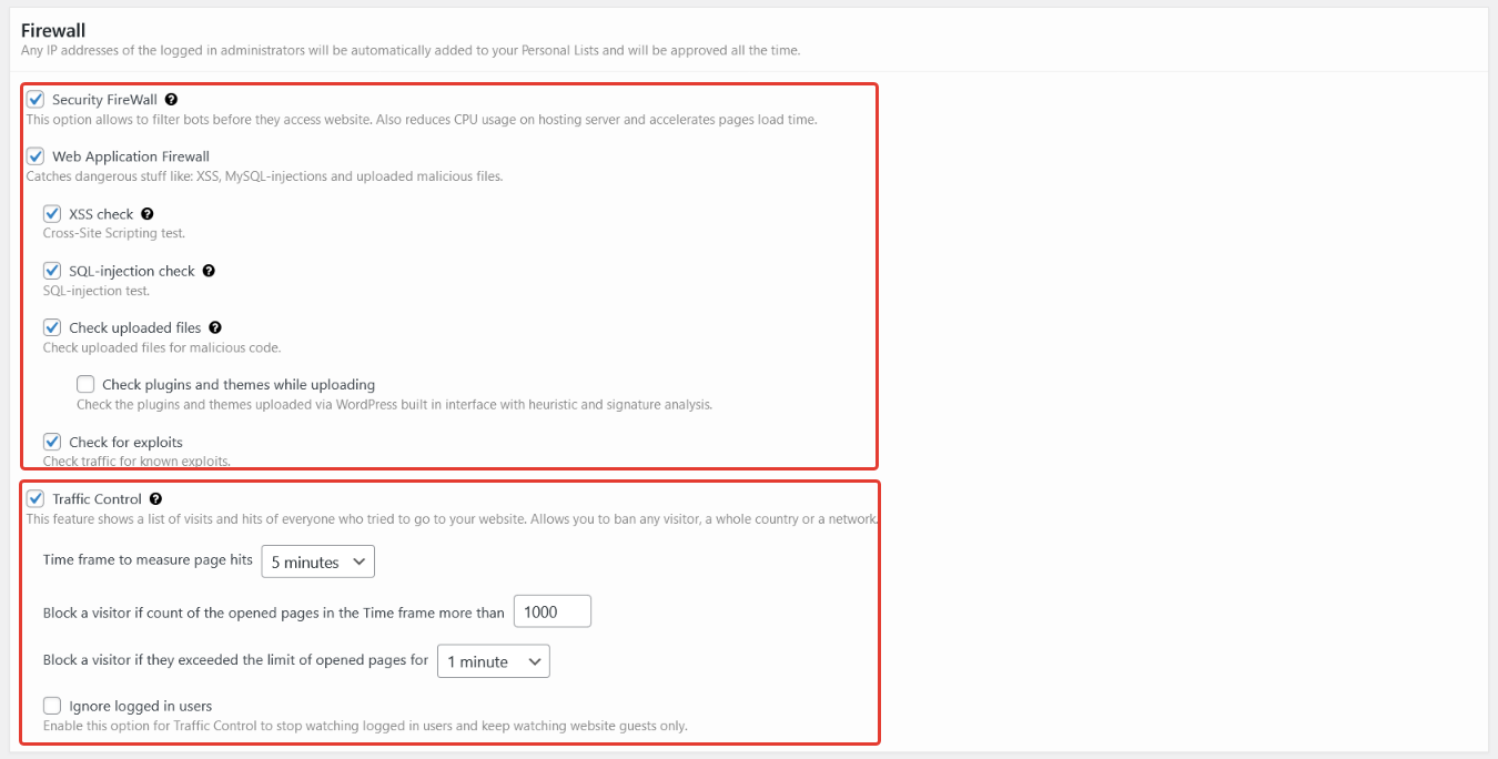 <strong>General settings - firewall</strong>. Here you can manage Firewall modules and Traffic Control settings.