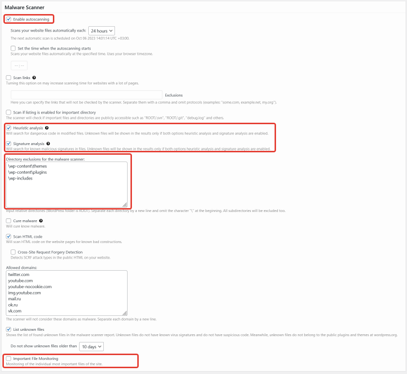 <strong>General settings - scanner</strong>. Here you can manage automatic scanner start, types of checks, directories exclusions for scanner and enable important files monitoring.