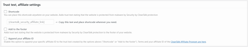 <strong>General settings - trusted text</strong>. Here you can manage your affiliate links and trusted text shown for visitors.
