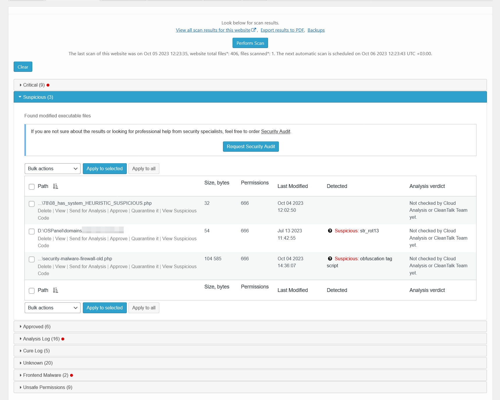 <strong>Malware scanner results - suspicious</strong>. There is a list of files that contains suspicious code.