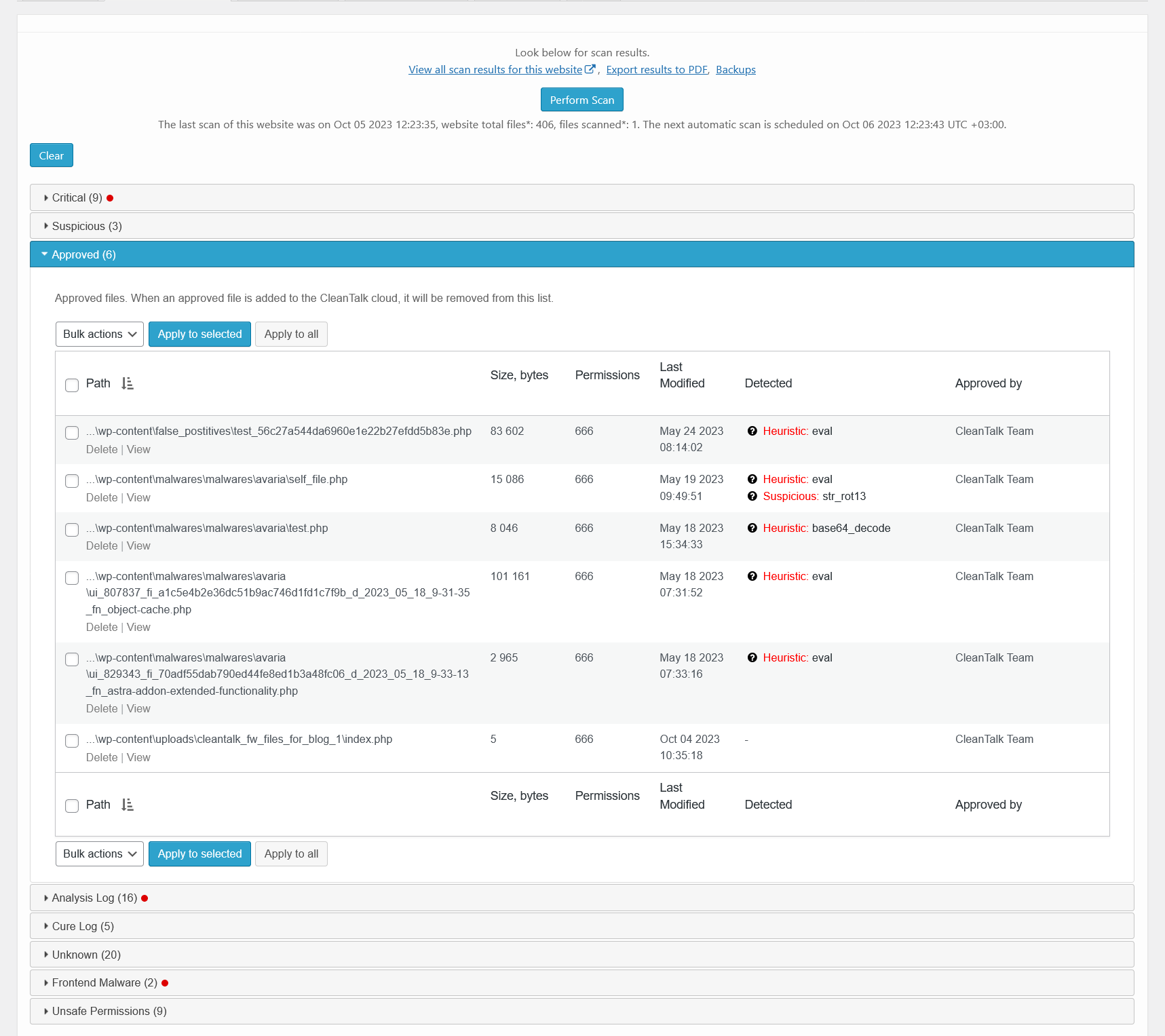 <strong>Malware scanner results - approved</strong>. There is a list of files that were approved by user, Cloud analysis or CleanTalk team.