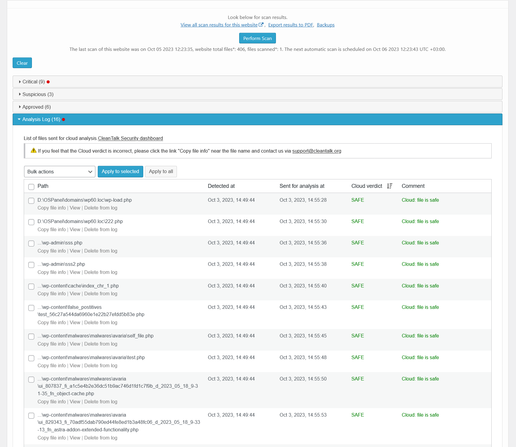 <strong>Malware scanner results - analysis log</strong>. There is a list of files that were sent for Cloud Malware Scanner analysis and their status.