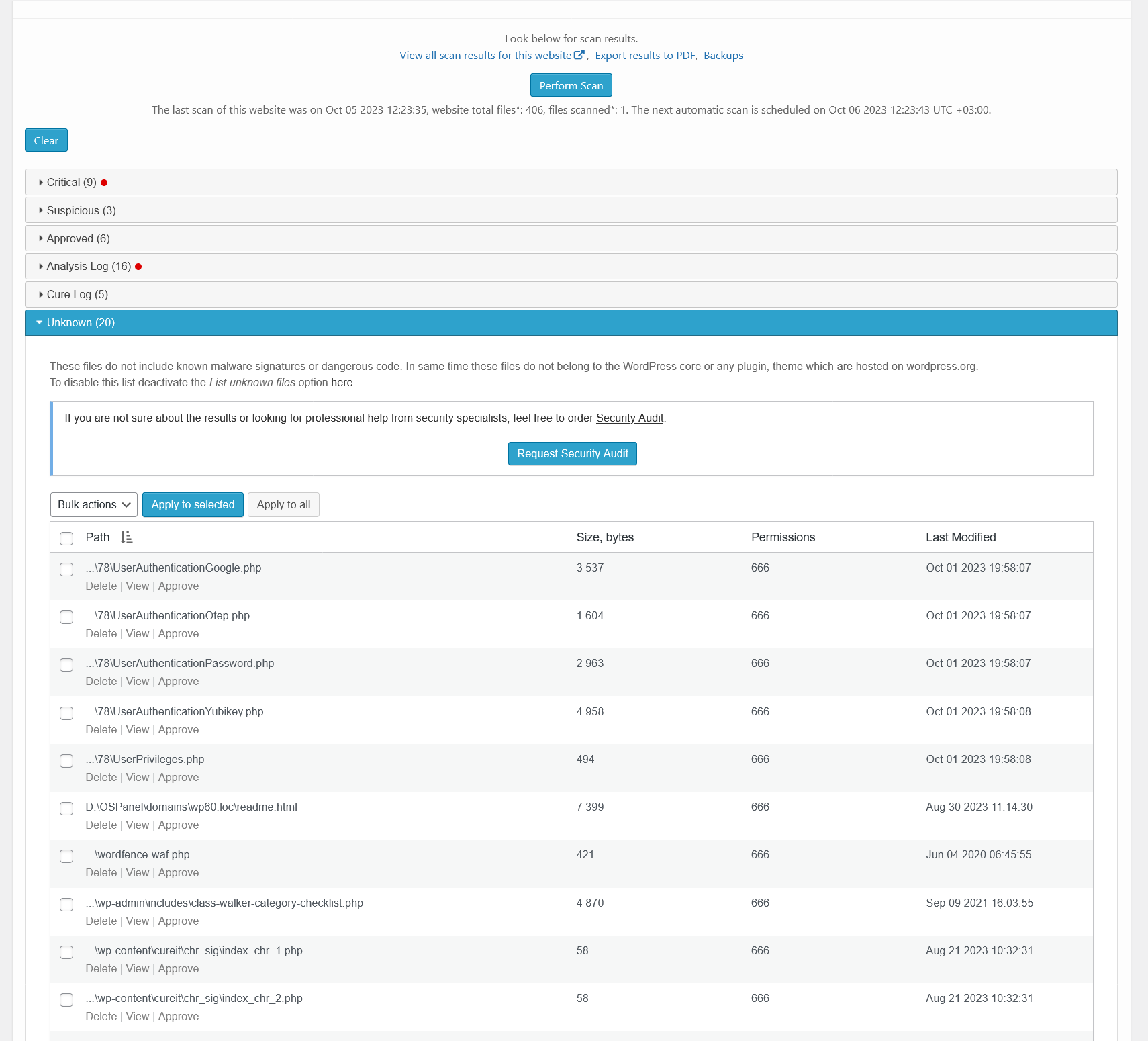 <strong>Malware scanner results - unknown</strong>. There is a list of files that contain no malware, but they are not a part of WordPress core or plugins/themes.