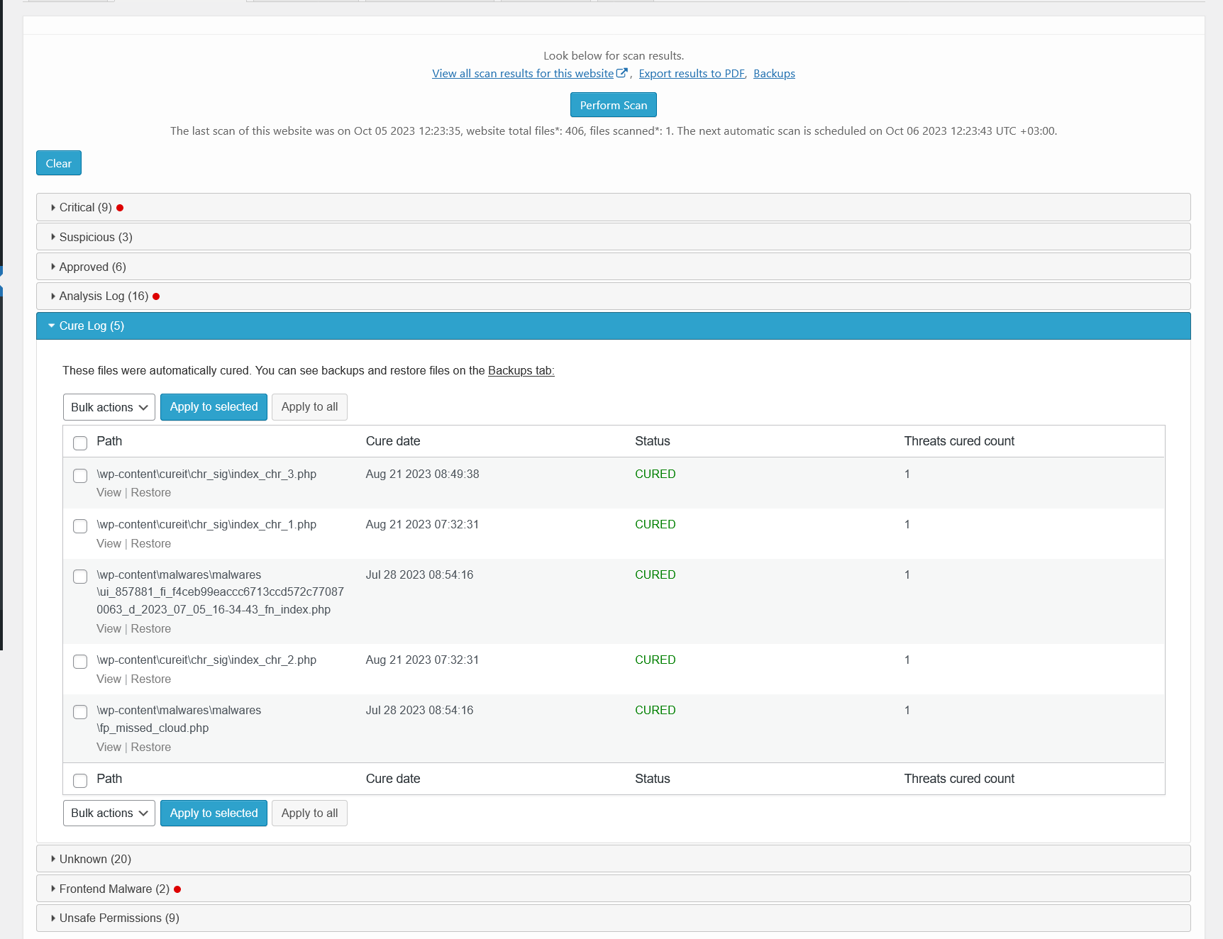 <strong>Malware scanner results - cured</strong>. There is a list of files that have been automatically cured.