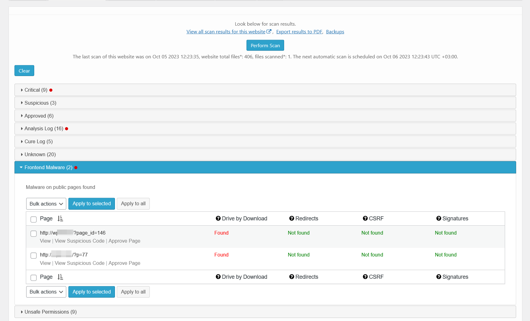 <strong>Malware scanner results - frontend malware</strong>. There is a list of frontend pages that contains malicious HTML/JavaScript code.