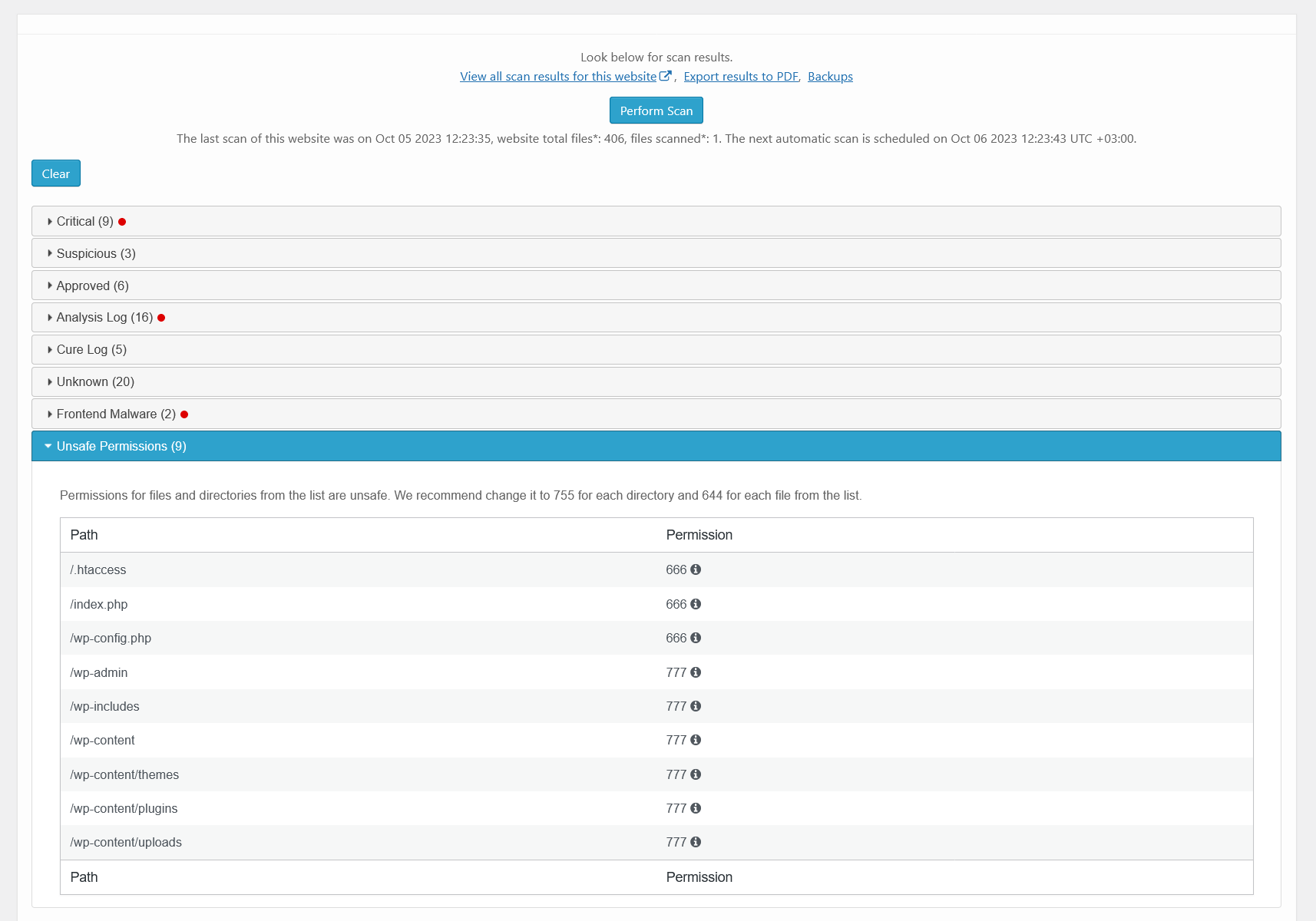 <strong>Malware scanner results - unsafe permissions</strong>. There is a list of files that could be reached by a hacker because of unsafe permission set.