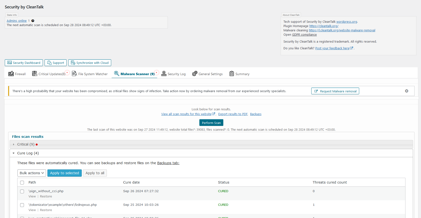 <strong>Malware scanner tab</strong>. Here you can scan all WordPress files for malicious and suspicious code and see the result.