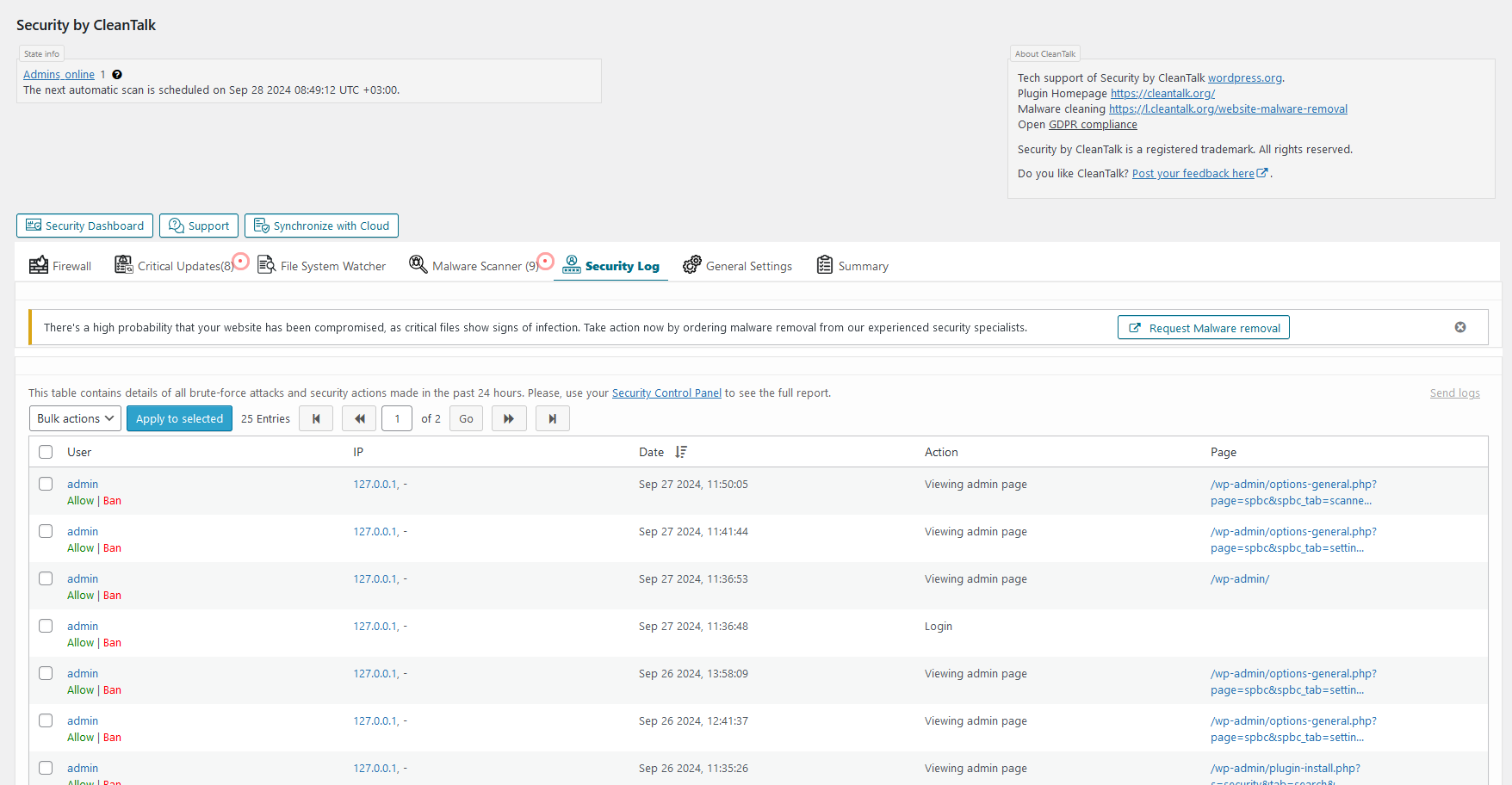 <strong>Security Log tab</strong>. The log includes list of Brute force attacks or failed logins and list of successful logins for up to 45 days. The plugin keeps the log on CleanTalk servers to make the log not accessible for hackers.