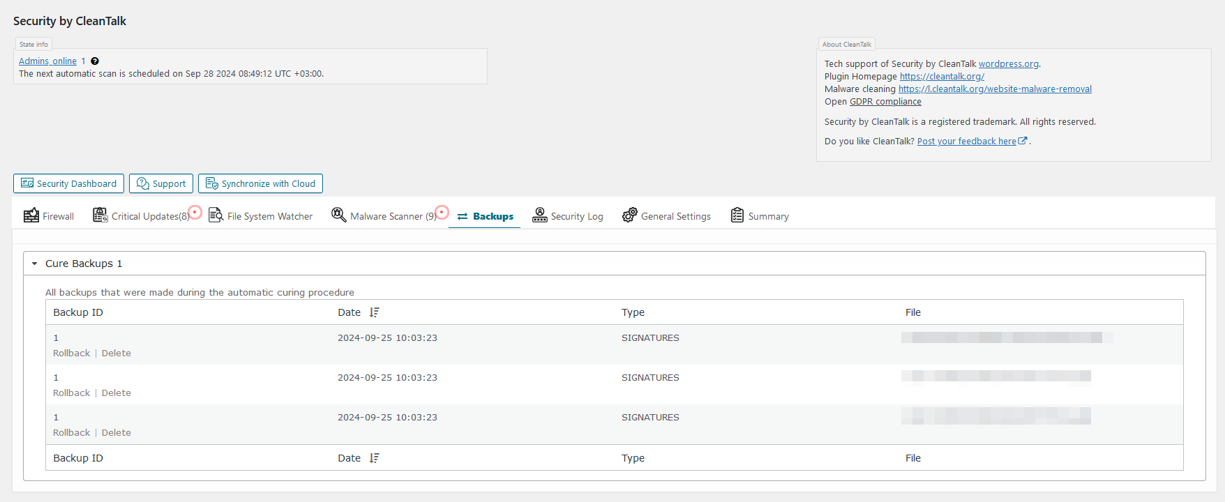 <strong>Backups interface</strong>. How the backups interface looks.