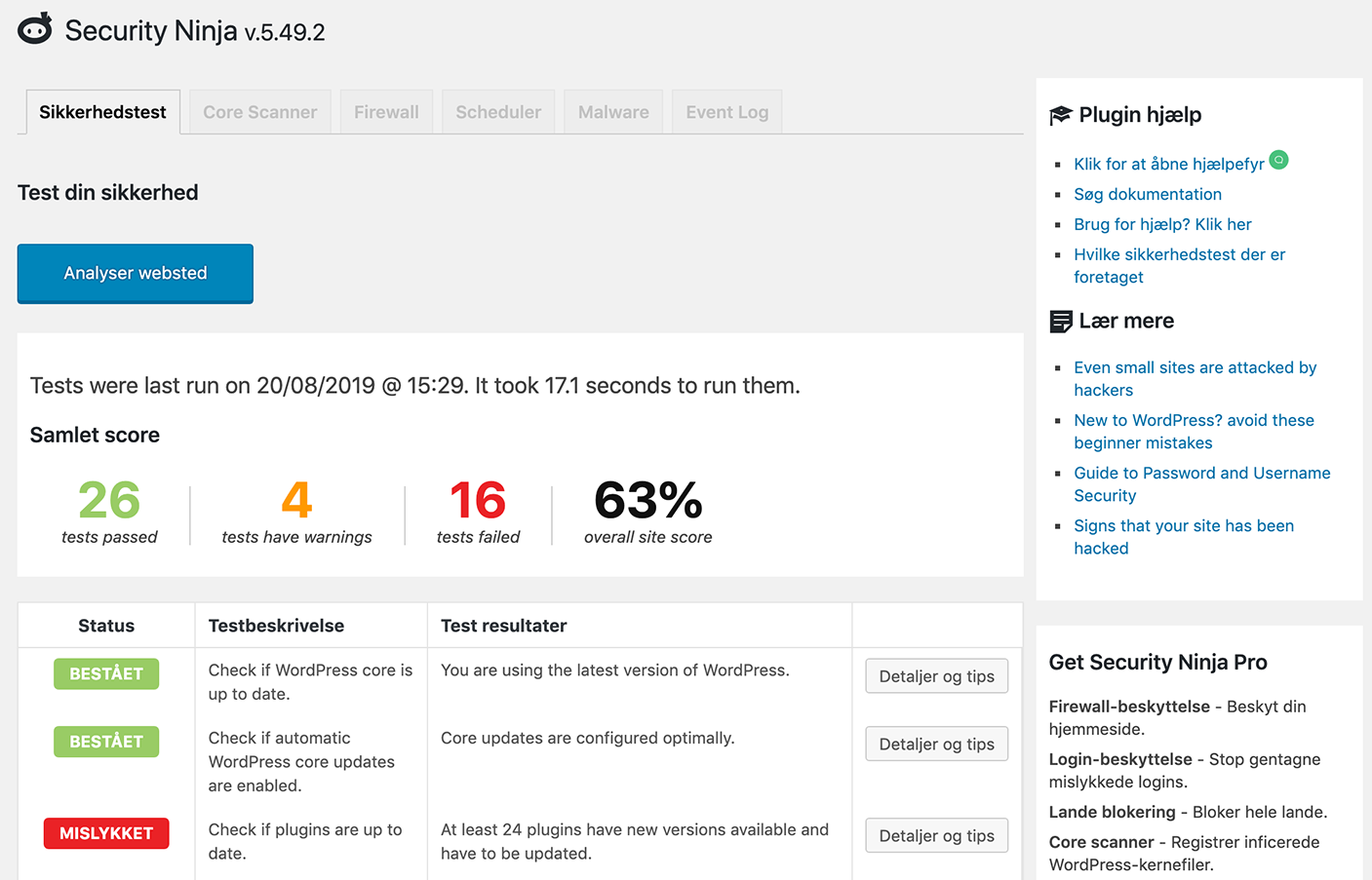 Security Ninja test results are simple and easy to read