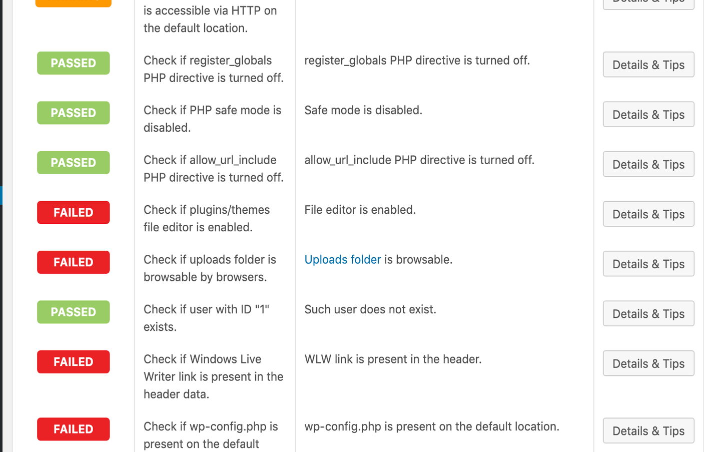 Every test has a detailed explanation and instructions on how to fix the problem