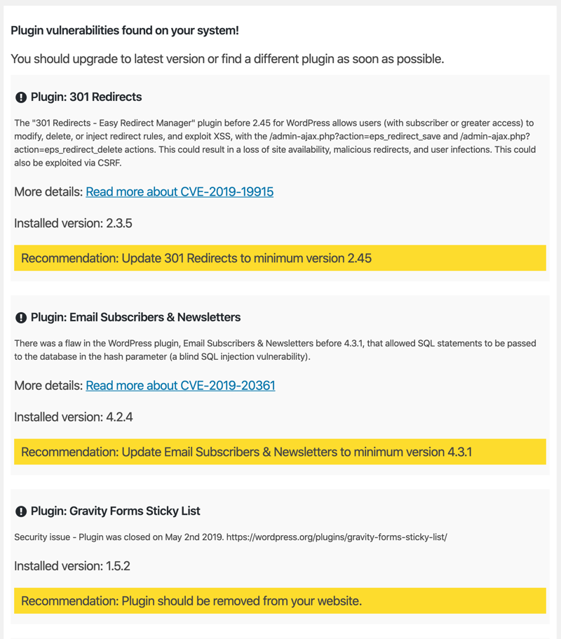 Vulnerable plugins list with details and recommendations - prevent known problems in plugin.