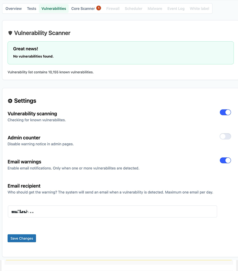 Vulnerable plugins list with details and recommendations - prevent known exploits in plugins.
