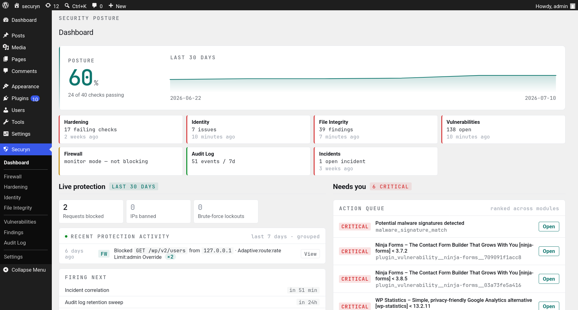 Unified security dashboard — posture score, per-module status, live protection, and a prioritized action queue.