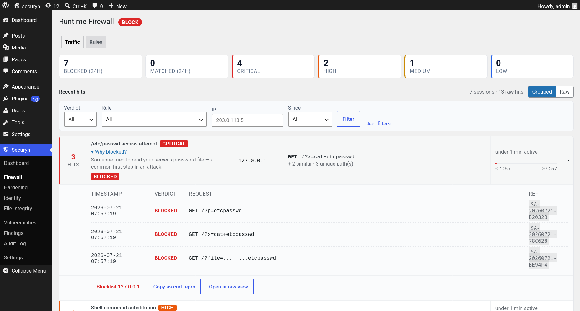 Runtime firewall in block mode — blocked attacks grouped by rule, each with a plain-language "why blocked" explanation.