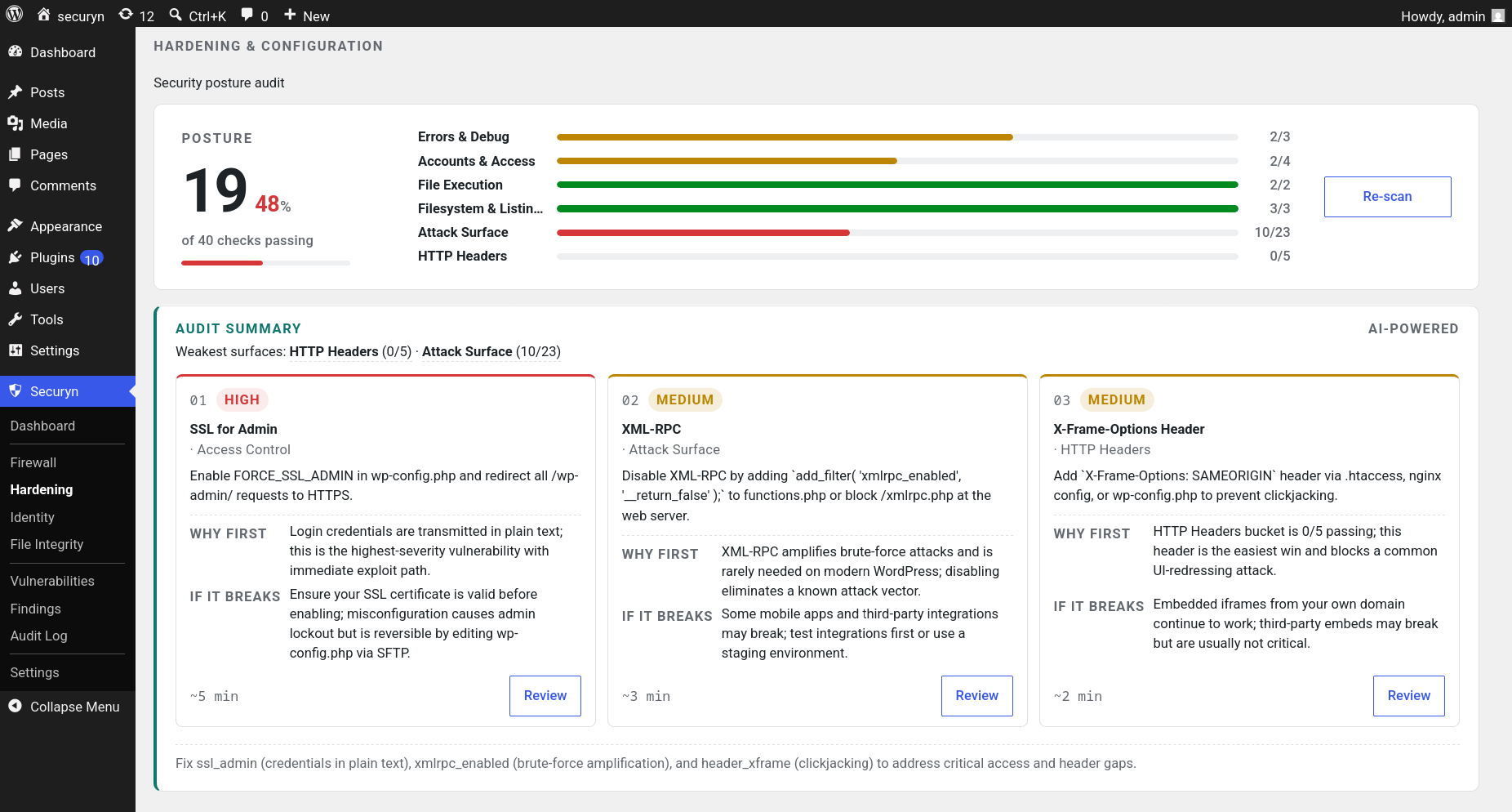 Hardening audit — posture across configuration surfaces with AI-prioritized, step-by-step remediation guidance.