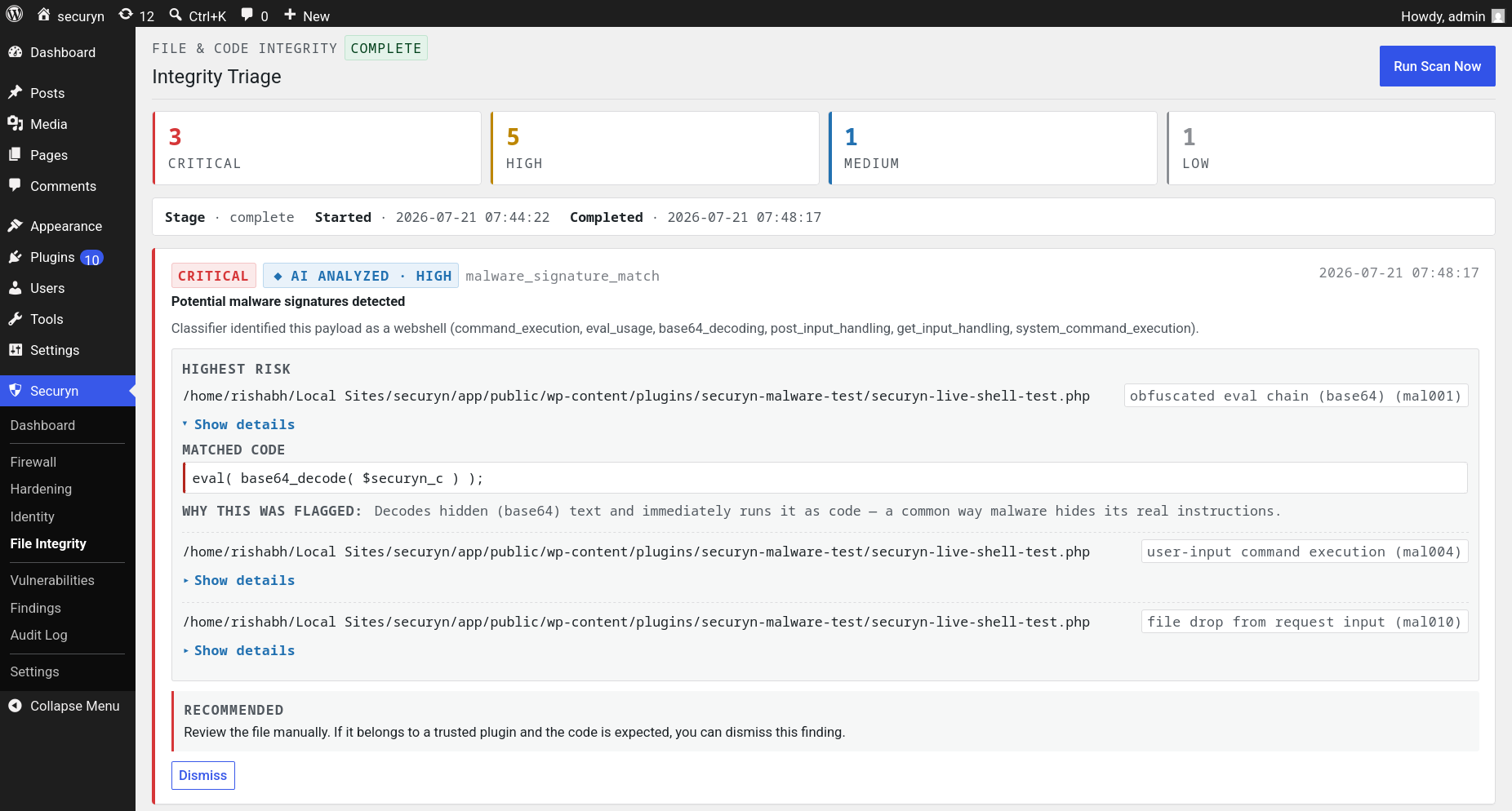 File and code integrity — triage of integrity findings, including AI-analyzed malware-signature detection.