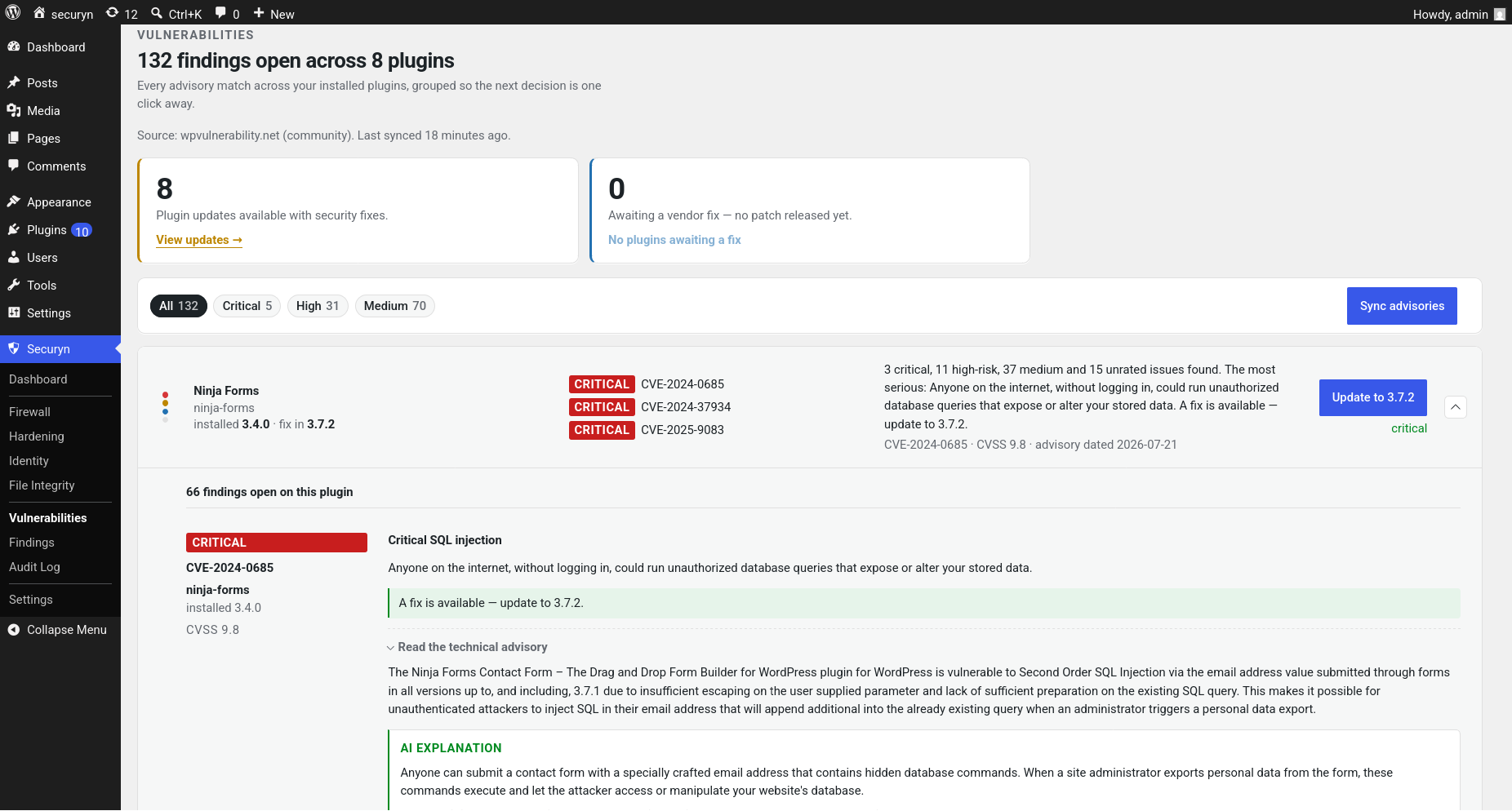 Vulnerability scanner — installed plugins matched against the CVE feed, grouped per plugin with fix guidance.