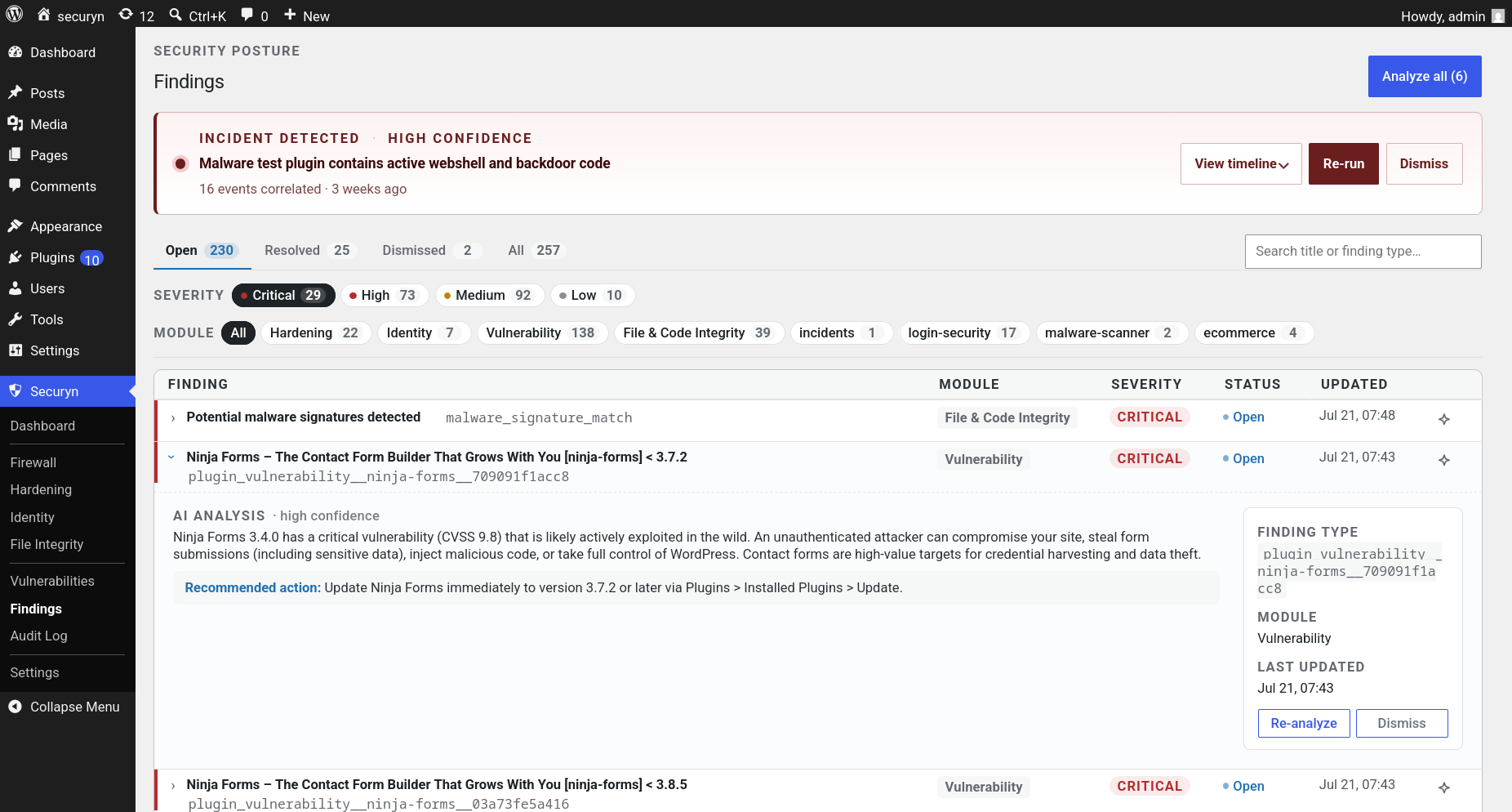 Findings — every finding across modules in one place, filterable by severity and module, with AI analysis.