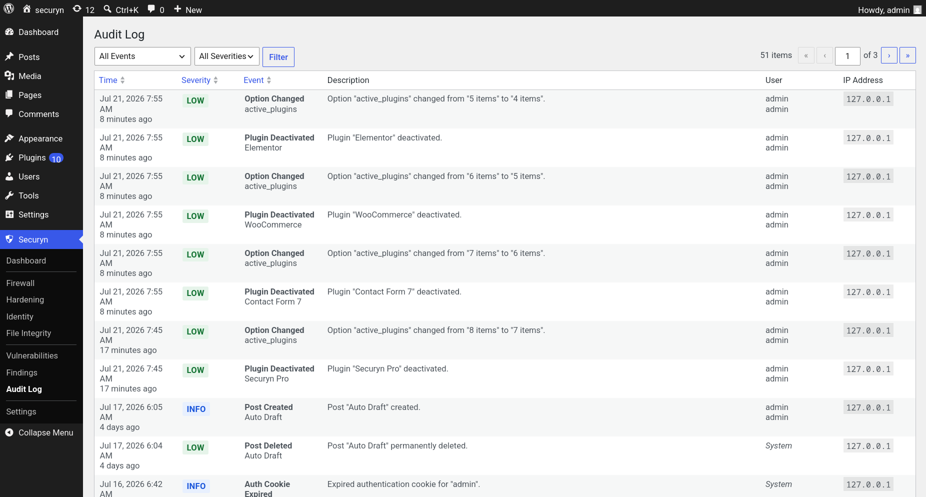 Audit log — tamper-evident activity trail of security-relevant events with user and IP attribution.