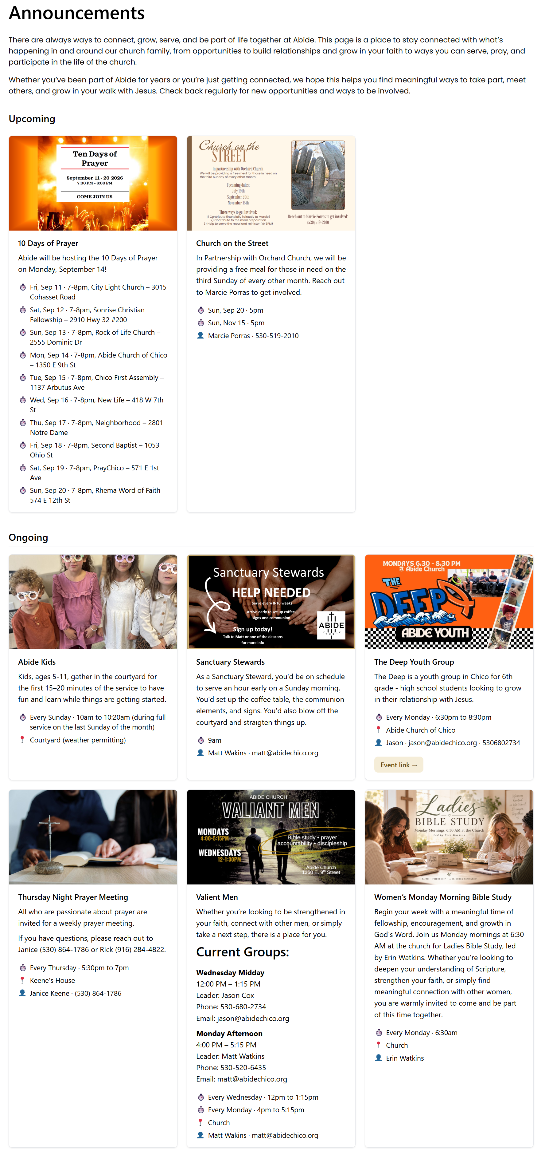 An announcements page made with [scbl_announcements grouped="true"]: dated events under Upcoming, soonest first, with each date and time on its own line, and regular gatherings under Ongoing.