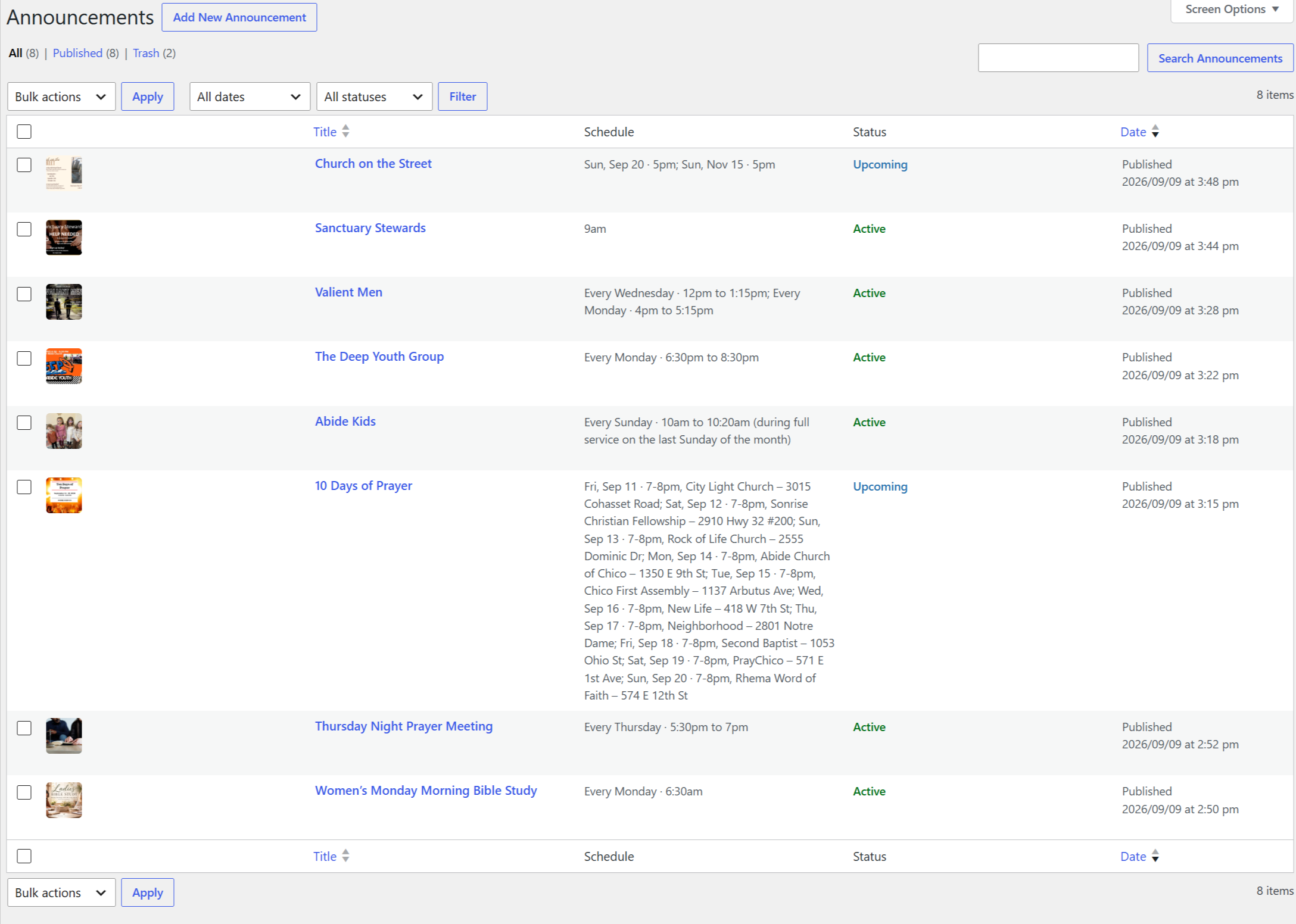 The Announcements list, showing each announcement's schedule and whether it is active or still upcoming.