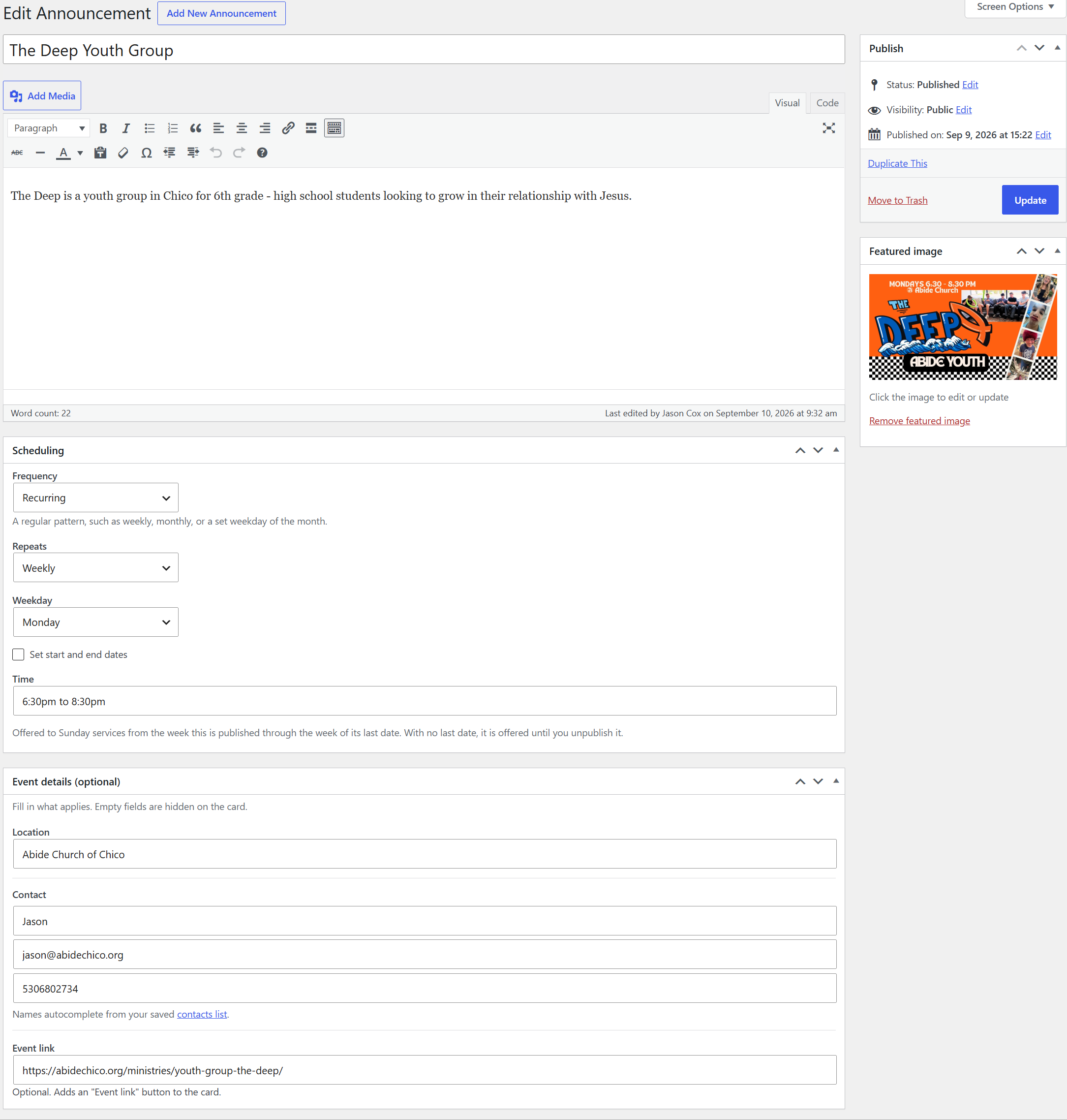 Editing an announcement: its frequency and schedule, location, contact details that autocomplete from your contacts list, and an event link.