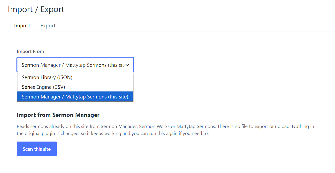 Sermon edit screen: media, scripture picker, content tabs and feed options