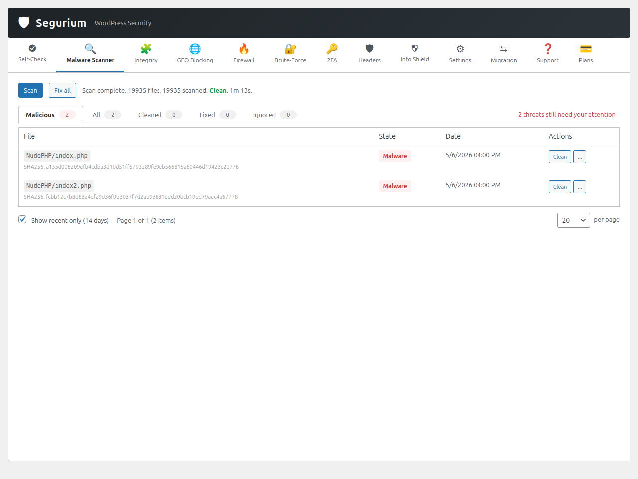 Malware scan — clean state. SHA-256 hash check across every file with the cloud verdict database, plus full scanned-file count.