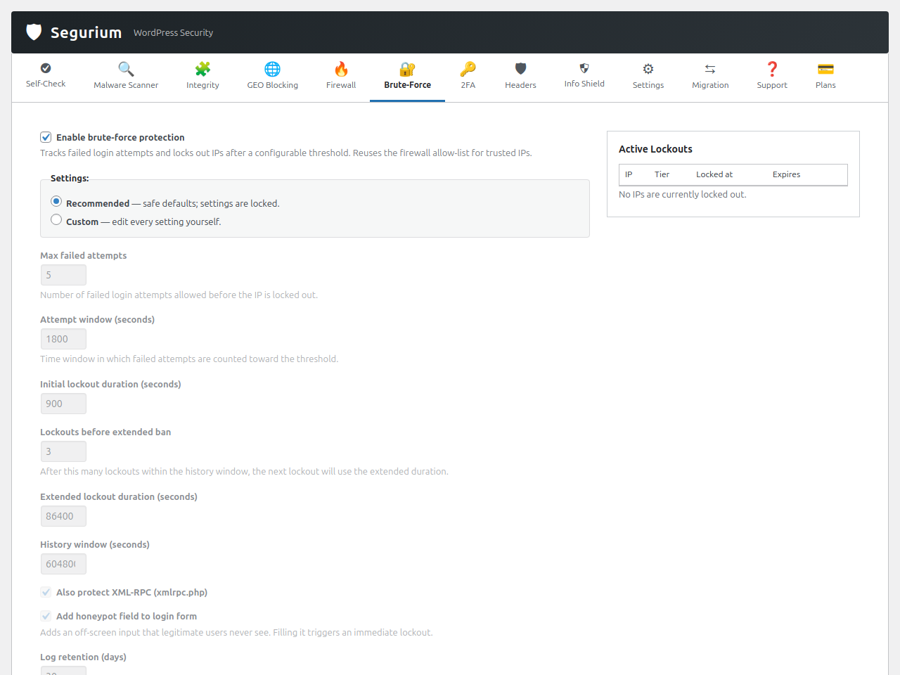 Brute-force protection — recommended-vs-custom presets, lockout windows, extended bans, XML-RPC protection, and live attack statistics.