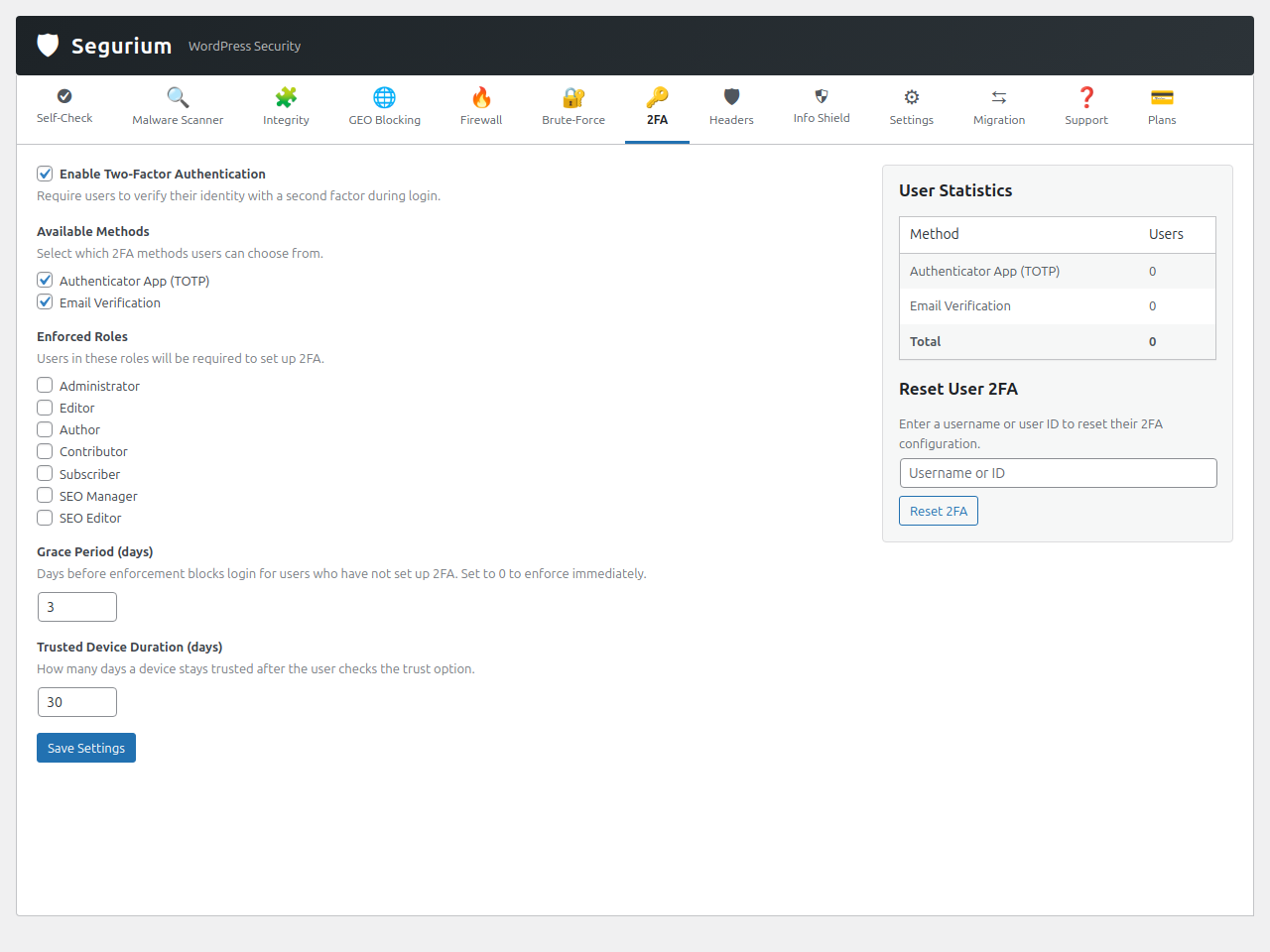 Two-Factor Authentication — TOTP authenticator app and email verification, per-role enforcement, grace period, and trusted-device duration.