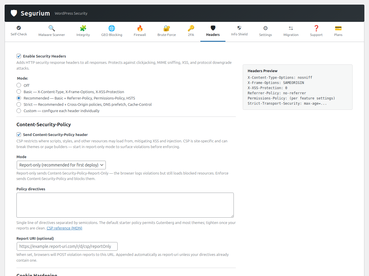 Security headers — HSTS, CSP, Permissions-Policy, Referrer-Policy, cookie hardening with a live preview of the headers Segurium will send.