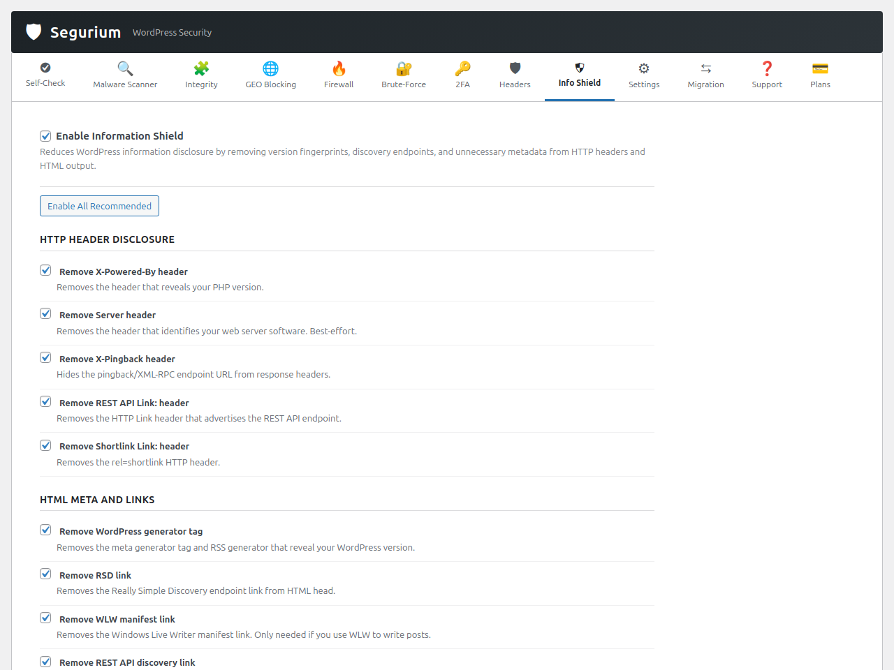 Information Shield — strips WordPress version, REST API discovery links, RSD/WLW pingback, generator tag, and other version-leaking metadata.