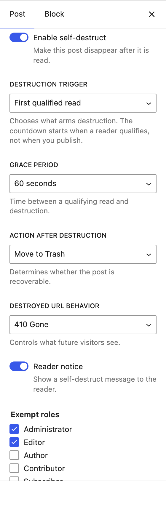The Self-Destruct panel in the block editor.