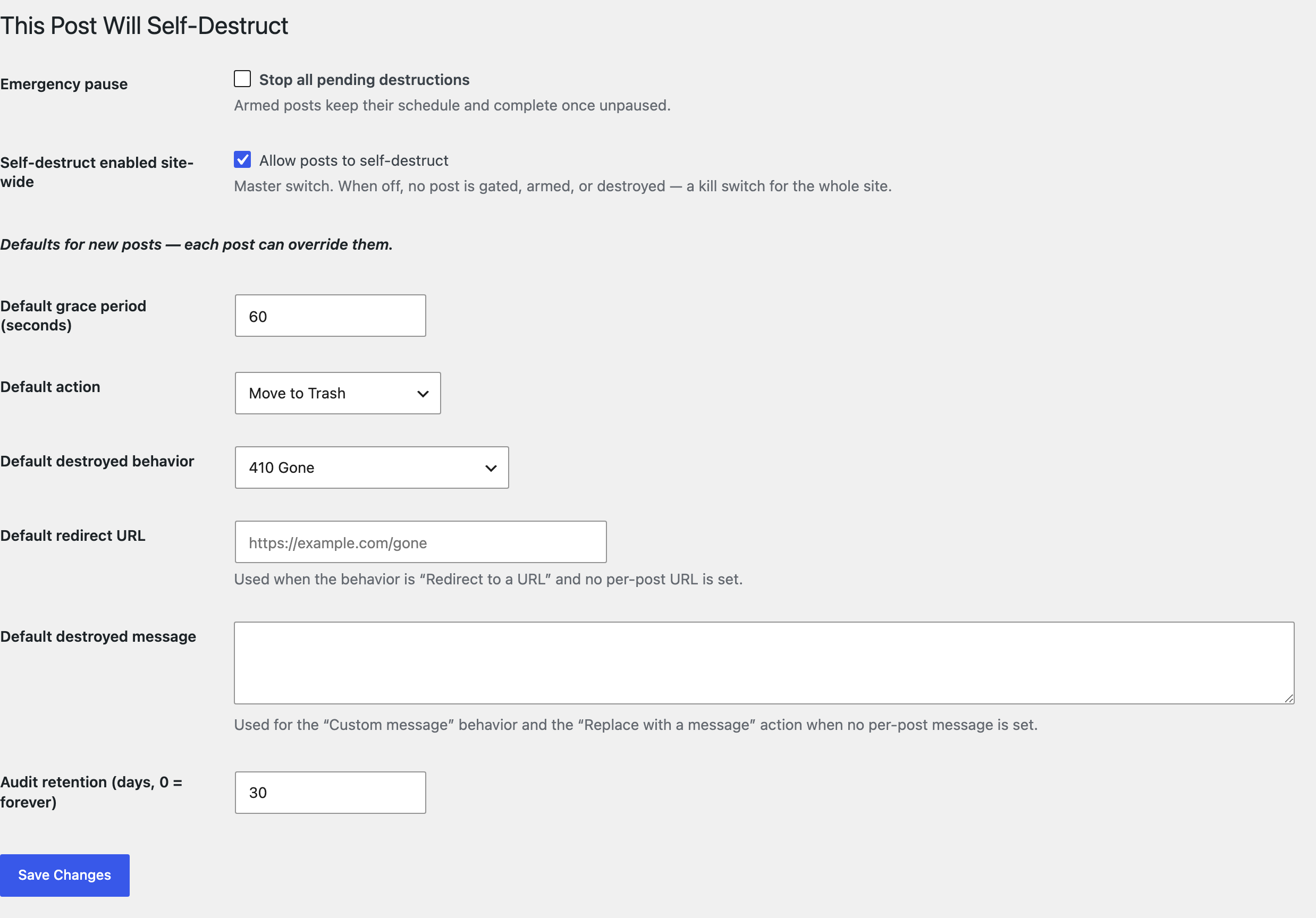 The settings screen with the emergency pause.