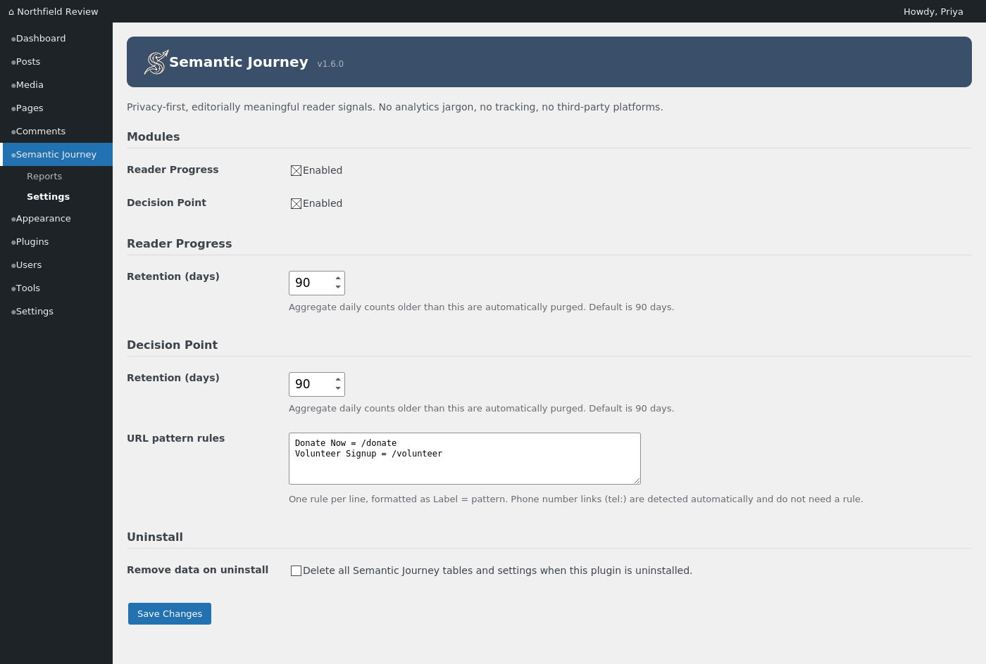 Settings screen: module toggles, retention window, and uninstall data-removal preference.
