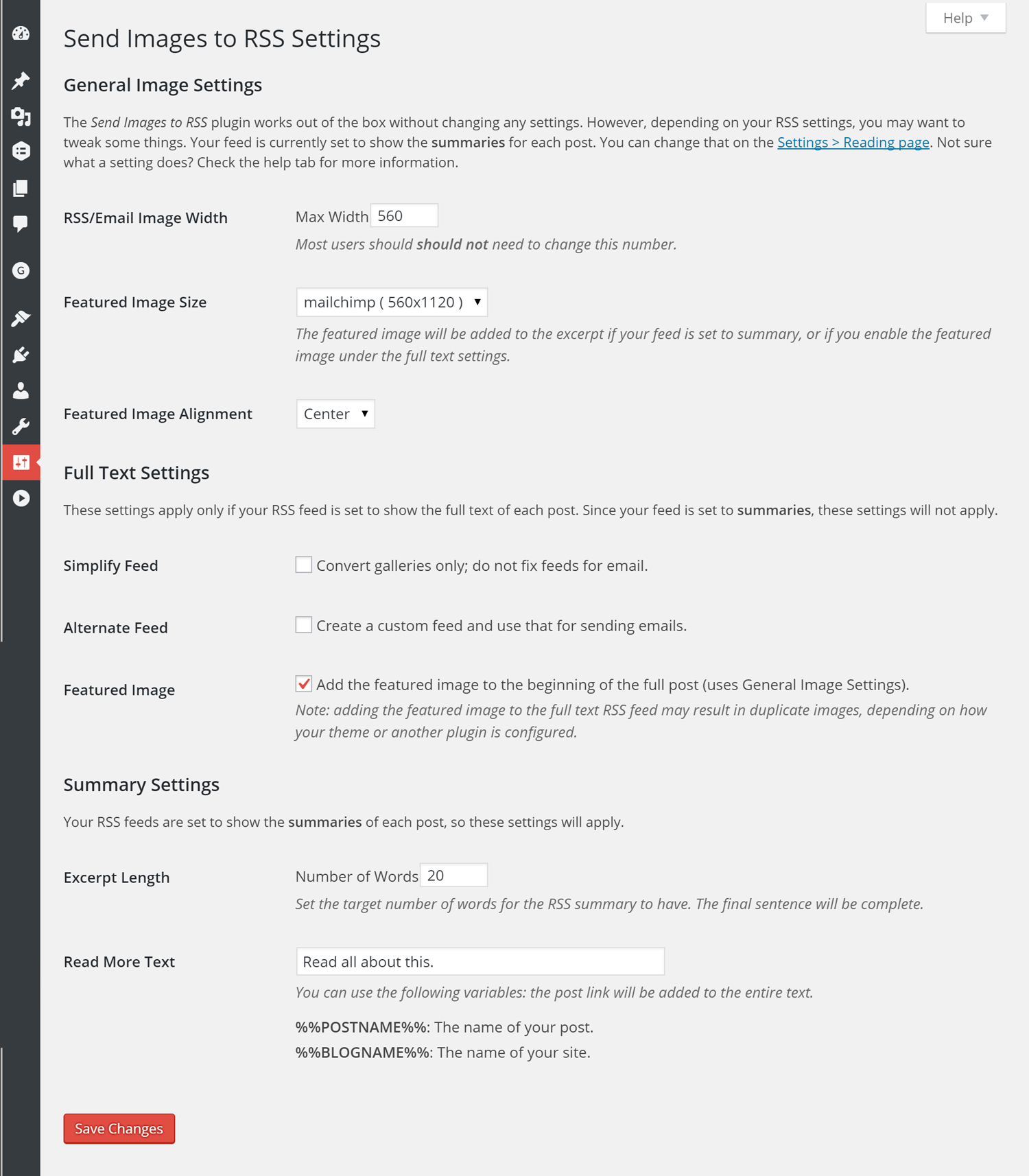 Screenshot of the plugin settings in Settings > Send Images to RSS.