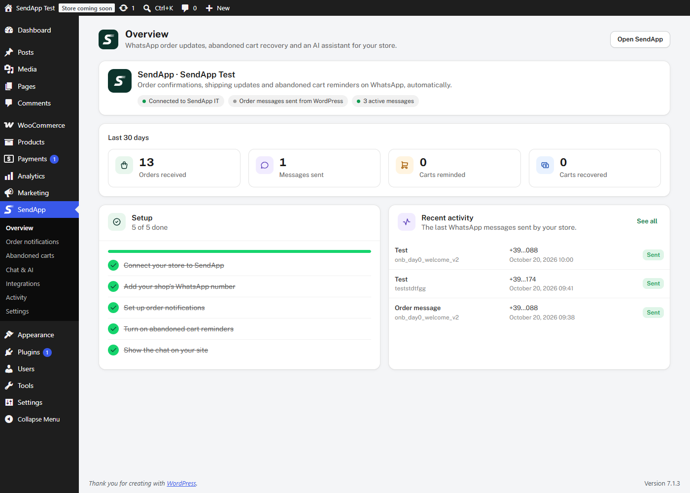 Overview: connection, last 30 days and setup checklist.