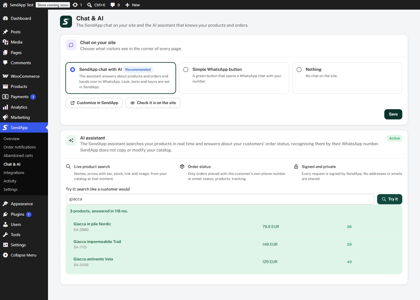 Chat & AI: the chat on your site and the live product search of the assistant.