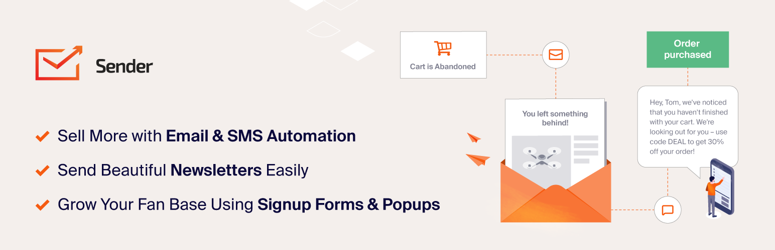 WordPress 外掛 Sender – Newsletter, SMS and Email Marketing Automation for WooCommerce 的封面圖片。