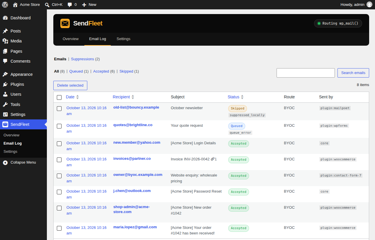 The email log, with status, sending mode and the plugin that sent each email.
